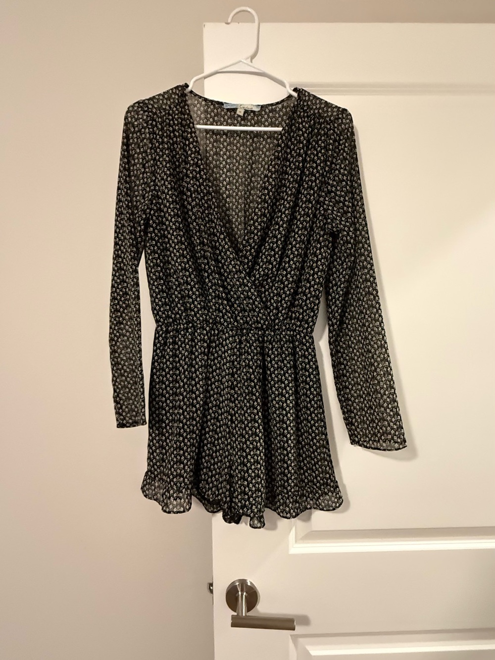 Cecico Black Printed Long-Sleeve Wrap Romper Dress